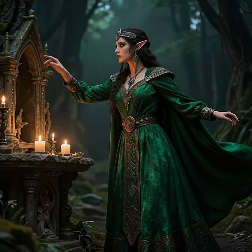 Digital art of an elf woman in a green velvet dress, with pointed ears, touching a candlelit altar in a dark, mystical forest.