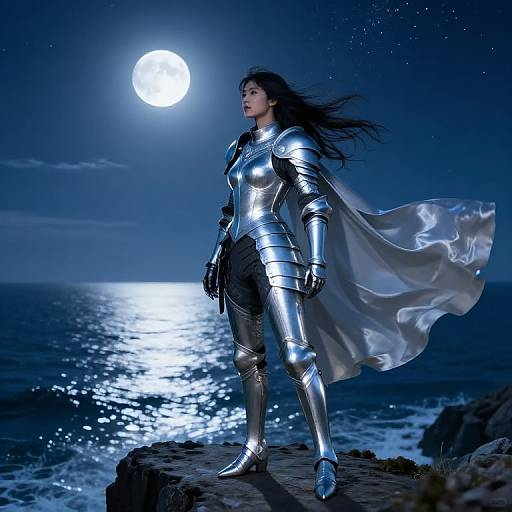Digital artwork of a strong, fair-skinned woman in silver armor and flowing cape, standing on a rocky cliff under a full moon, gazing at