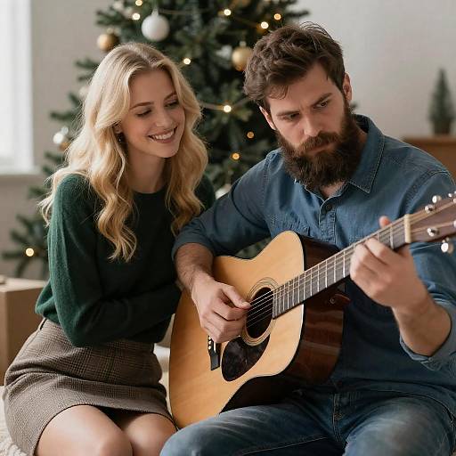 Couple Enjoying Guitar by Christmas Tree