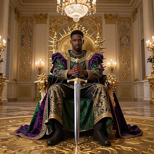 Photograph of a Black king in ornate, gold-embroidered green and purple robes, sitting on a spiked golden throne, holding a sword