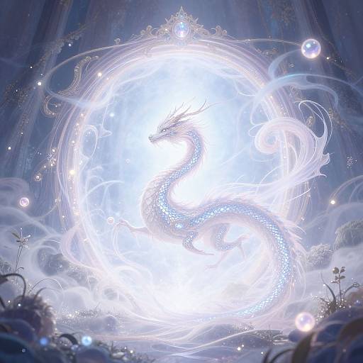Digital artwork of a glowing, ethereal white dragon spiraling at the center of a radiant, circular light, surrounded by mist and bubbles in a mystical
