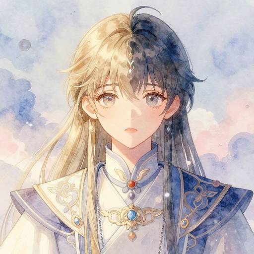 Digital anime-style portrait of a young, androgynous character with long, dark blue hair, fair skin, and blue eyes. Wearing orn