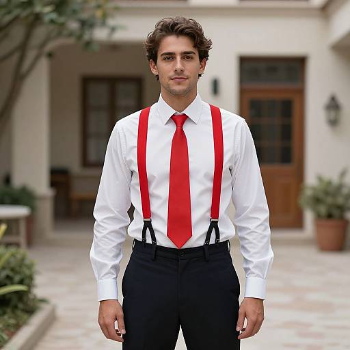 Photograph of a handsome young man with curly brown hair, wearing a white shirt, red tie, and black suspenders with black pants, standing in