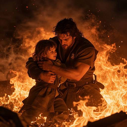 Photograph of a rugged man with long, wet hair and a young child huddled close, surrounded by intense, orange flames in darkness. Emotional,