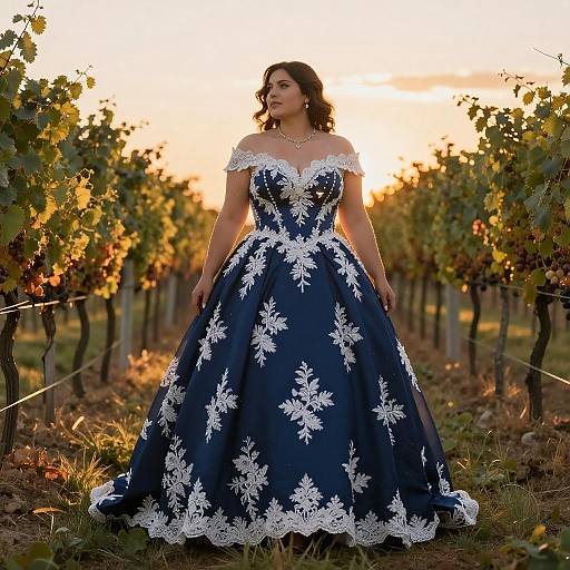 Photograph of a curvy woman in a blue, off-shoulder, floral-embroidered ball gown standing in a sunlit vineyard