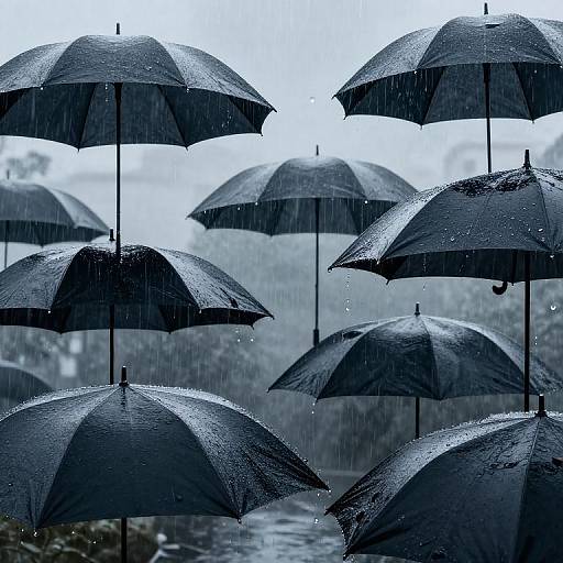 Photograph of multiple black umbrellas with raindrops, arranged in a grid pattern against a misty, rainy background, creating a moody, atmospheric