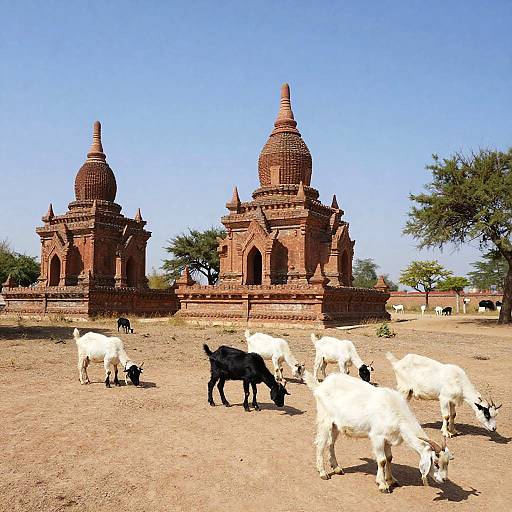 Sunlit Rural Goats and Ancient Pagodas