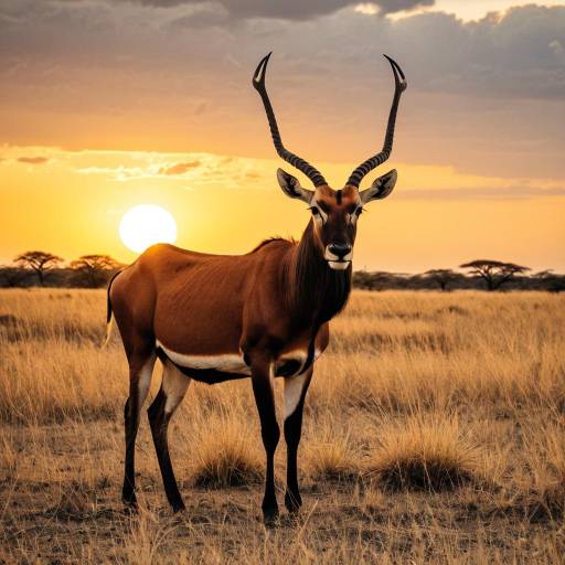 Hartebeest Antelope at Sunset in African Savanna