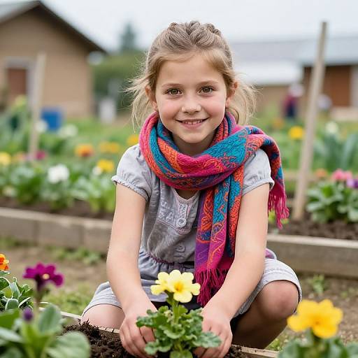 Photograph of a smiling young girl with blonde hair, wearing a white shirt and colorful scarf, kneeling in a vibrant flower garden.