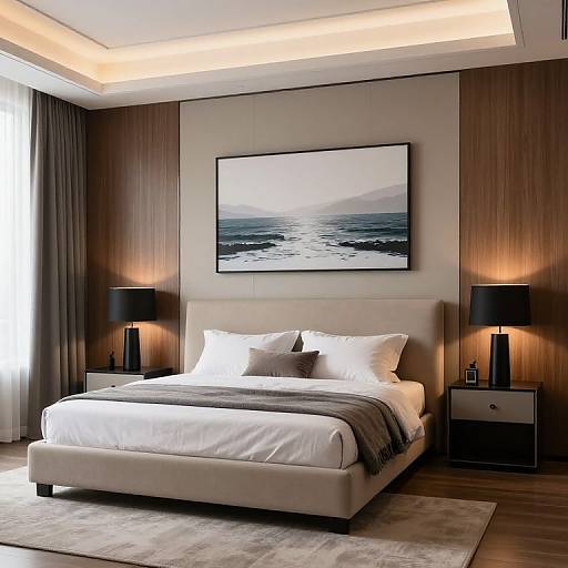 Modern bedroom photograph featuring a white bed with gray blanket, black lamps, wooden walls, ocean-themed artwork, and recessed ceiling lights.