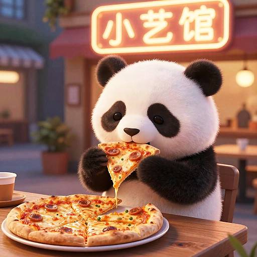 Cozy Neon Panda Pizza Night