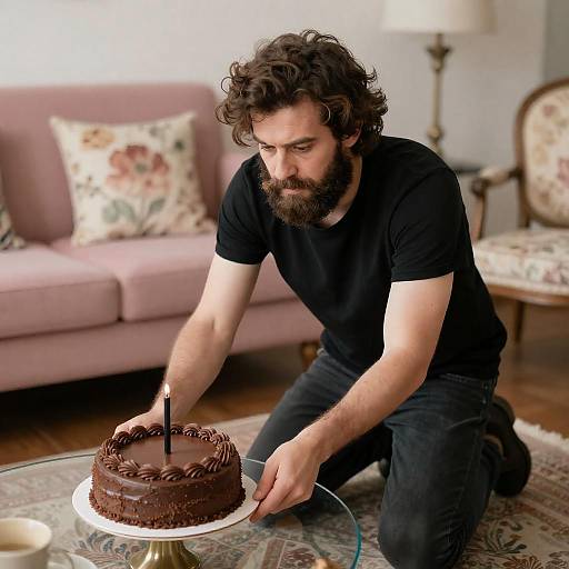 Intense Man with Cake in Cozy Living Room