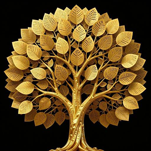 Digital artwork of a golden tree with intricately detailed leaves, set against a black background. The tree's vibrant gold color and textured leaves create a striking