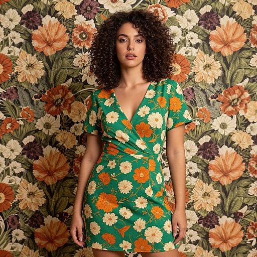Photograph of a curly-haired woman in a green floral dress with orange and white flowers, standing against a vibrant floral wallpaper background.
