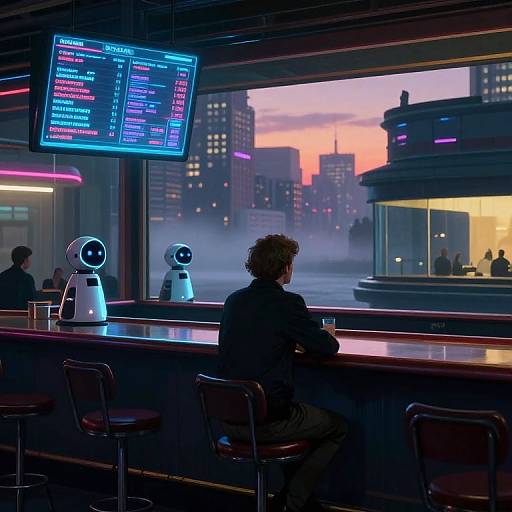 Cyberpunk bar scene: Silhouetted person sits at neon-lit counter, facing two robot cameras, with cityscape and sunset visible through