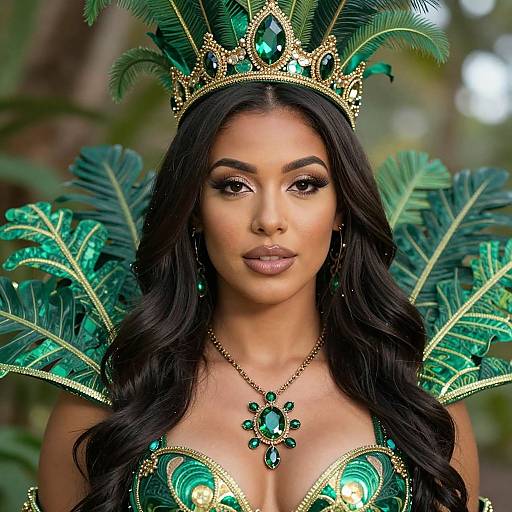 Photograph of a beautiful woman with long black hair, wearing a green and gold feathered crown, matching breastplate, and necklace, set against a