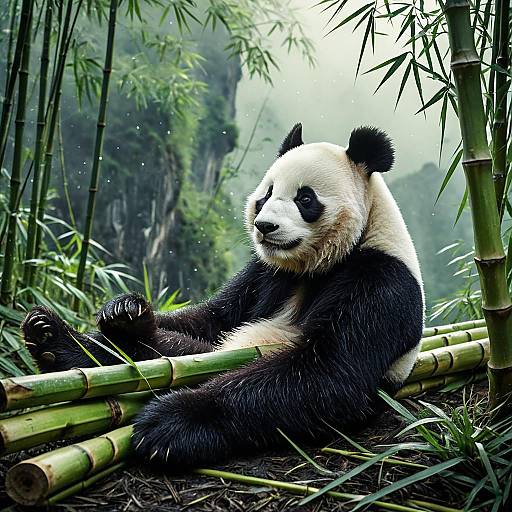 Baby Panda Resting on Bamboo in Misty Forest