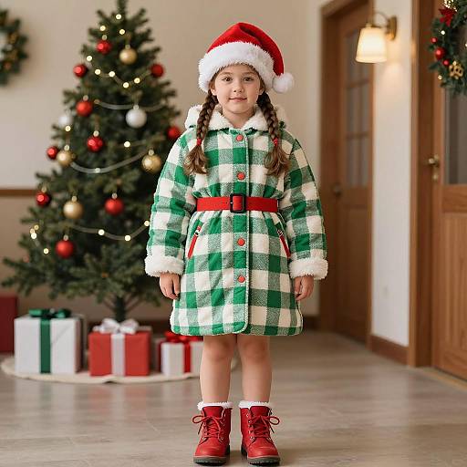 Girl in Christmas Outfit by Christmas Tree