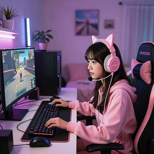 Photograph of an Asian woman with long black hair, wearing a pink hoodie and pink cat ear headphones, playing video games on a computer in a pink