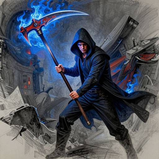 Digital illustration of a hooded warrior wielding a flaming blue scythe in a dark, chaotic cityscape with crumbling buildings.