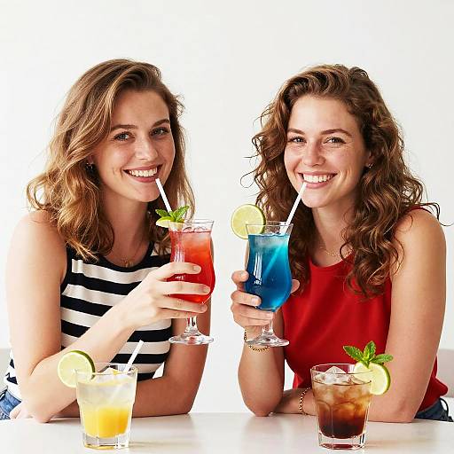 Photograph of two smiling women with curly brown hair, one in a black-and-white striped shirt, the other in red, toasting with colorful cocktails