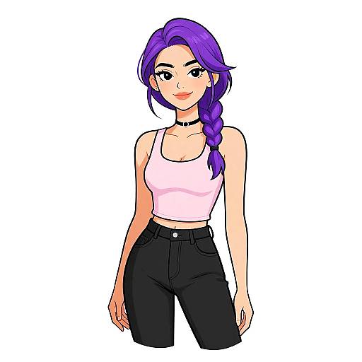 Digital anime-style illustration of a smiling young woman with purple braided hair, wearing a pink tank top and black high-waisted pants.