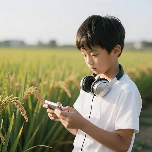 Young Boy in Rice Field with Device