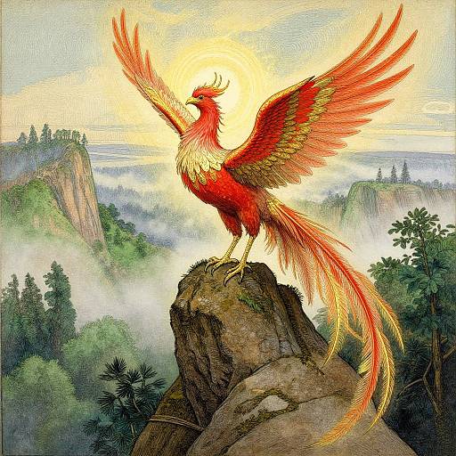 A vibrant, red and yellow phoenix with outstretched wings stands on a rocky cliff, illuminated by a bright sunset, amidst a misty, forest
