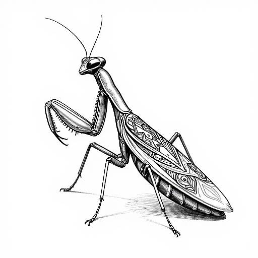 Black and white ink drawing of a detailed, realistic praying mantis in a dynamic side profile, showcasing intricate textures and line work.