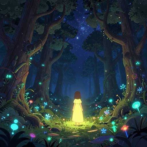 Digital illustration of a child in a glowing yellow dress standing in a magical, dark forest filled with vibrant, bioluminescent flowers and fireflies.