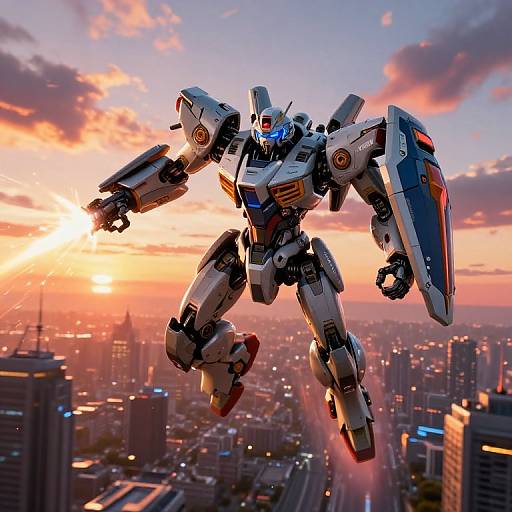 Photorealistic CGI: Giant white and blue mecha with red accents flying over a sunset-lit cityscape, holding a shield, with skyscrap