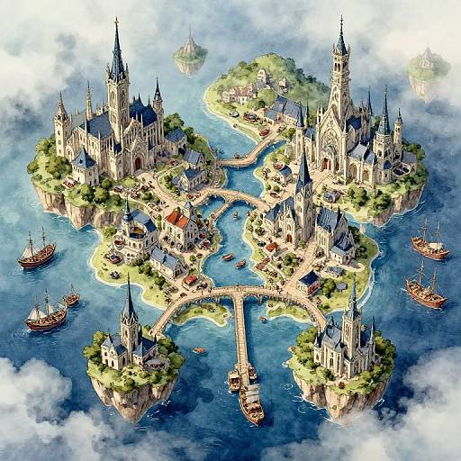 Fantasy aerial view of a floating island city with multiple Gothic-style spires, lush greenery, winding paths, and sailing ships on a cloudy blue