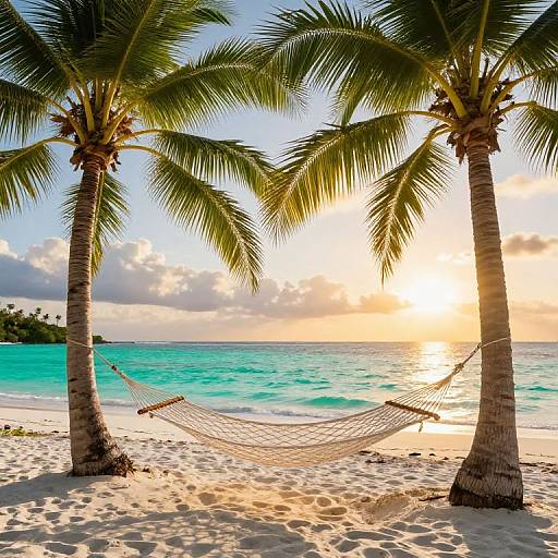 Photograph of a tropical beach at sunset, featuring a white hammock strung between two palm trees, with turquoise ocean and golden sun.