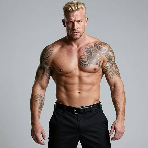 Photograph of a muscular, blonde-haired, blue-eyed, tattooed white man with defined abs and biceps, wearing black pants, against a plain