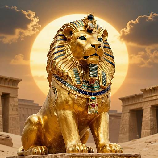 Majestic Golden Lion Egyptian Statue