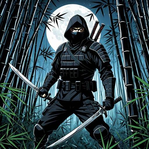 Stealthy Ninja in Moonlit Bamboo Forest