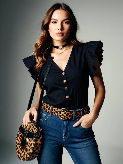 Stylish woman in black blouse and leopard print accessories