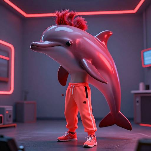 CGI image of a dolphin character with a red mohawk, wearing orange pants, and red sneakers, standing in a neon-lit room.