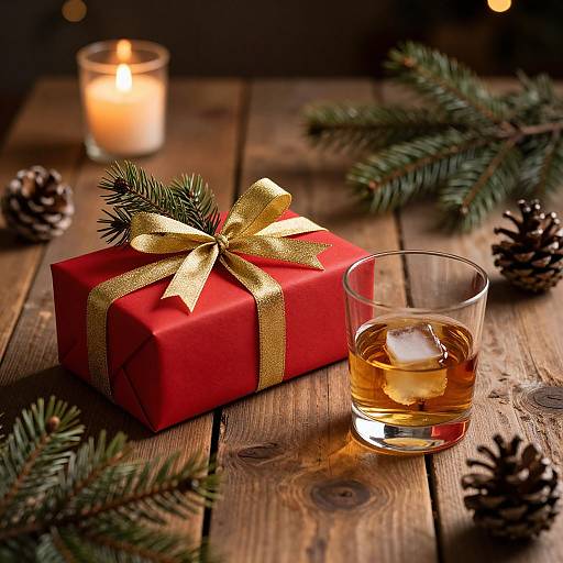 Photograph of a red gift box with gold ribbon, glass of whiskey, lit candle, pine branches, and pinecones on wooden table.