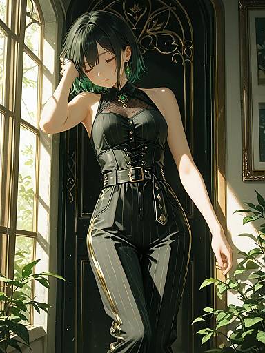 Anime Woman in Black Pinstripe Jumpsuit by Sunlit Window