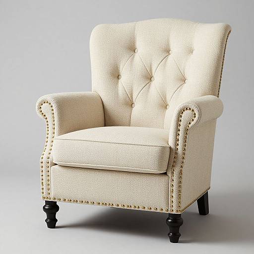 Photograph of a cream-colored, tufted armchair with gold nailhead trim, textured fabric, and black wooden legs, set against a plain