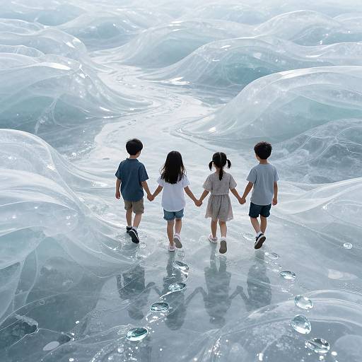 Photograph of three children holding hands, walking away on a shiny, wavy, blue and white surface, reflecting light.