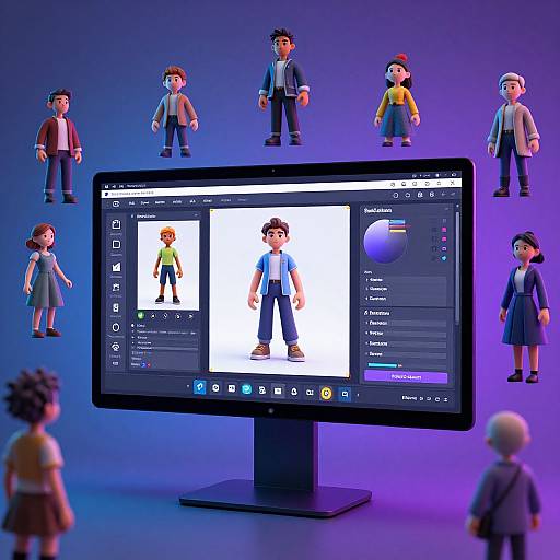 CGI digital art: Animated characters surround a computer screen displaying a customizable character in a 3D modeling software. Purple-blue gradient background.