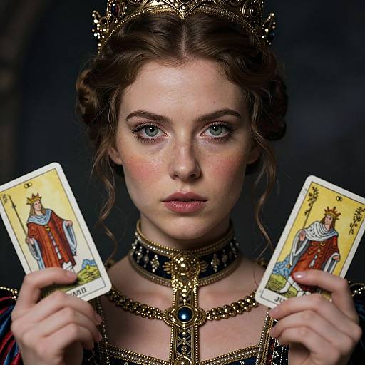 Photograph of a fair-skinned, blue-eyed woman with wavy brown hair, wearing a gold crown, ornate necklace, and holding two tar