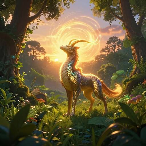 Digital fantasy artwork of a radiant, horned, dragon-like creature with shimmering scales standing in a lush, sunlit forest clearing.