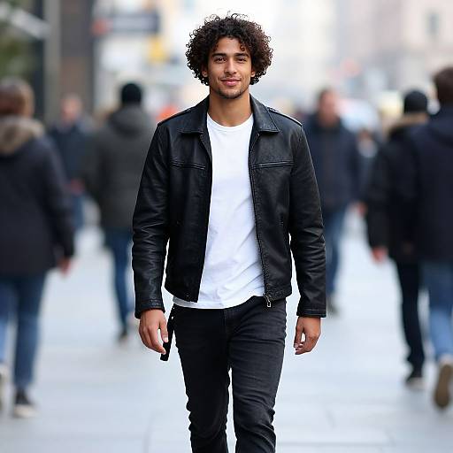 Photograph of a young man with curly black hair, medium brown skin, wearing a black leather jacket, white t-shirt, and black pants, walking