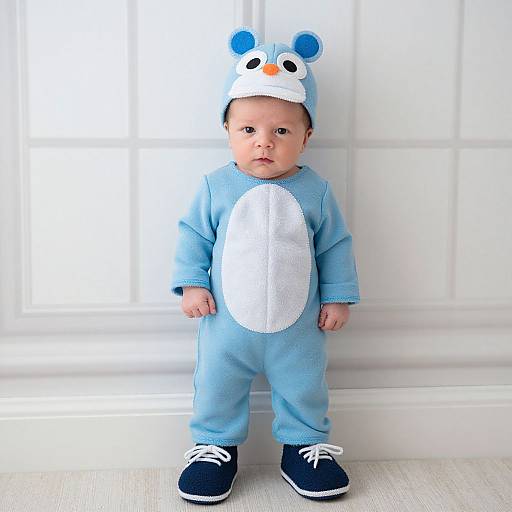 Photograph of a baby in a light blue polar bear onesie with white belly, blue pom-pom hat, and black sneakers, standing in a