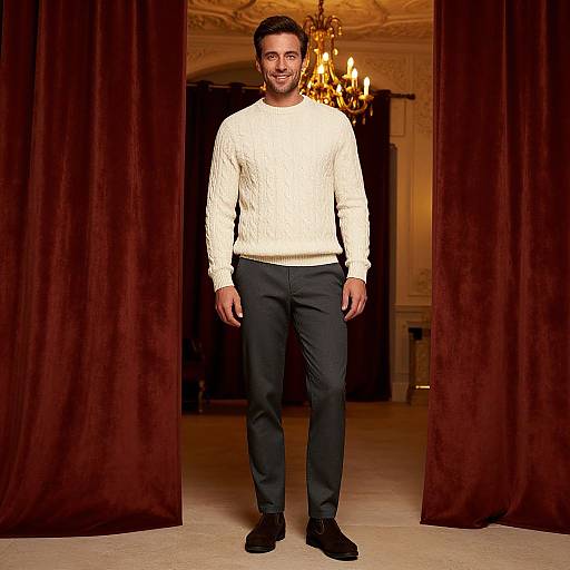 Photograph of a smiling man with dark hair and beard, wearing a white knitted sweater, dark pants, and black shoes, standing between red curtains