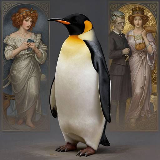 Digital composite: Victorian-style painting of a red-haired woman, a bespectacled man, and a vibrant penguin with an orange chest against orn