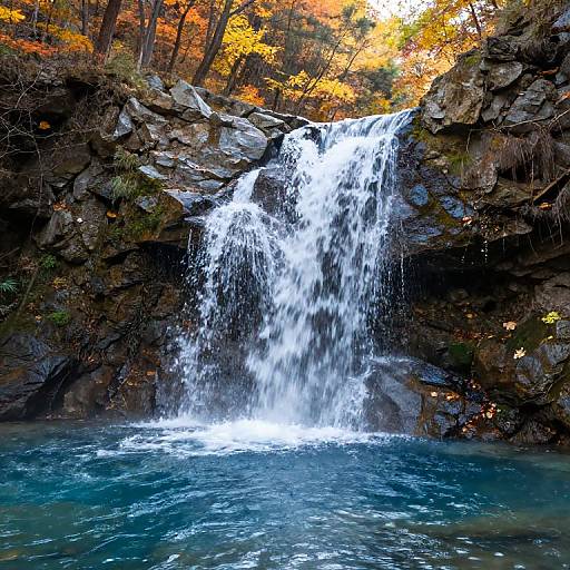Photograph of a cascading waterfall over rocky cliffs, surrounded by vibrant autumn foliage, with clear blue water at the base.